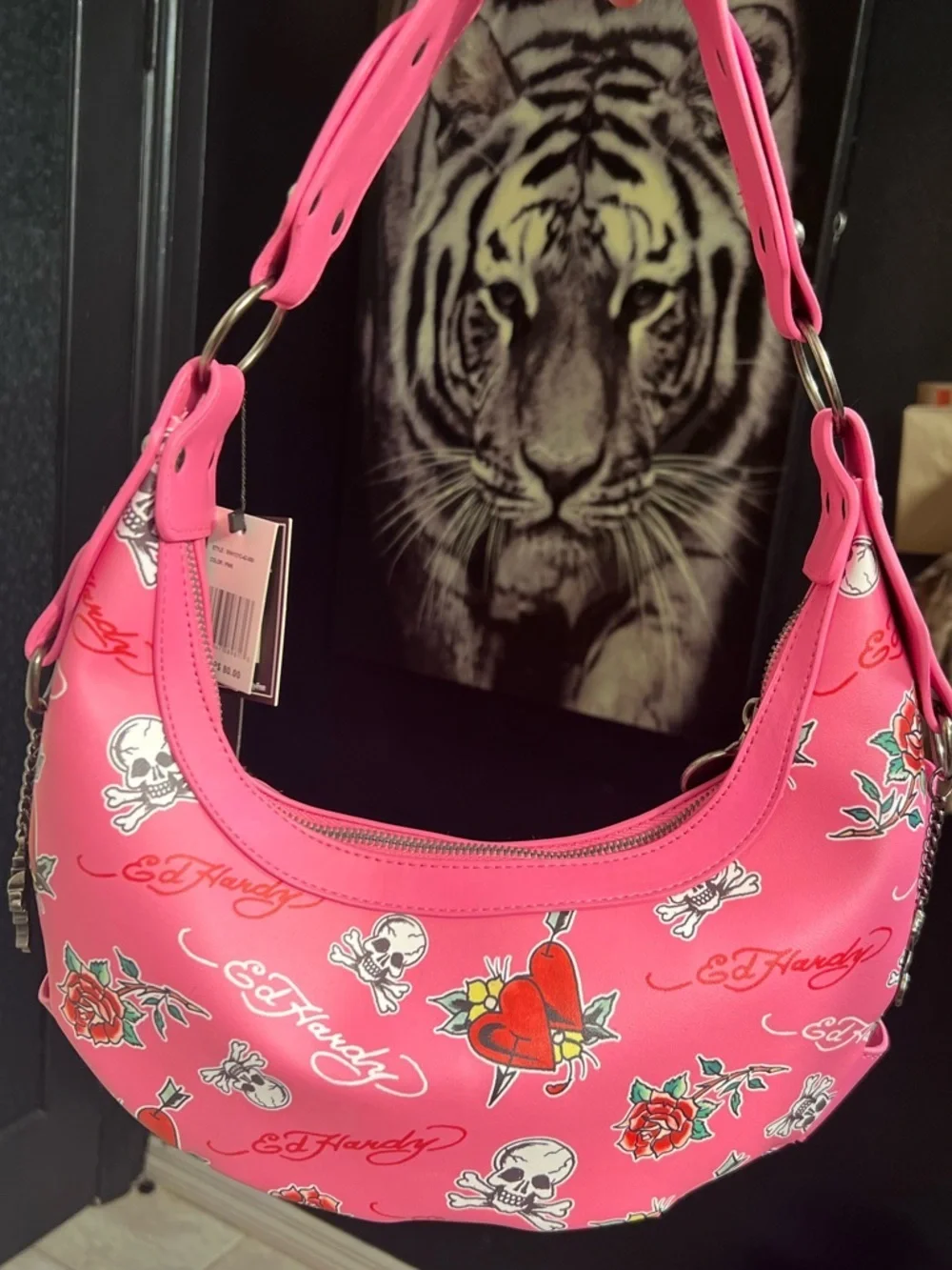 💕Ed Hardy Hot Pink Studded Skull & Rose Shoulder Bag-NWT💕
